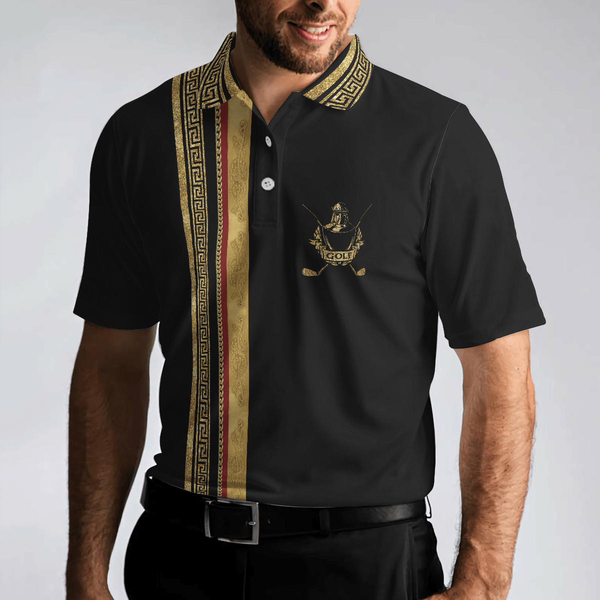 Men Golf Polo Shirt - Golf Crusader King Luxury Baroque Pattern, Elegant Black Golfing Men Polo Shirt - Perfect Polo Shirt For Men, Golfers - Amzanimalsgift