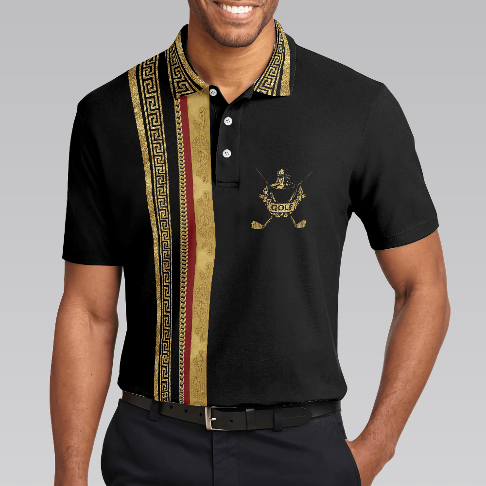 Men Golf Polo Shirt - Golf Crusader King Luxury Baroque Pattern, Elegant Black Golfing Men Polo Shirt - Perfect Polo Shirt For Men, Golfers - Amzanimalsgift