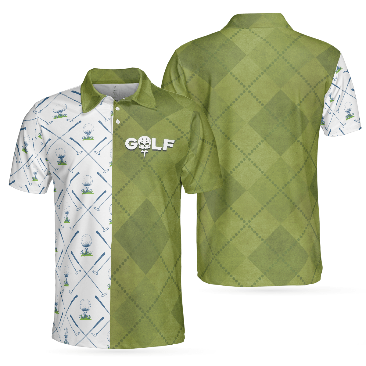 Men Golf Polo Shirt - Golf Green And White Pattern Men Polo Shirt, Golf Clubs Golf Ball Argyle Pattern Skull Polo Shirt - Perfect Polo Shirt For Men, Golfers - Amzanimalsgift