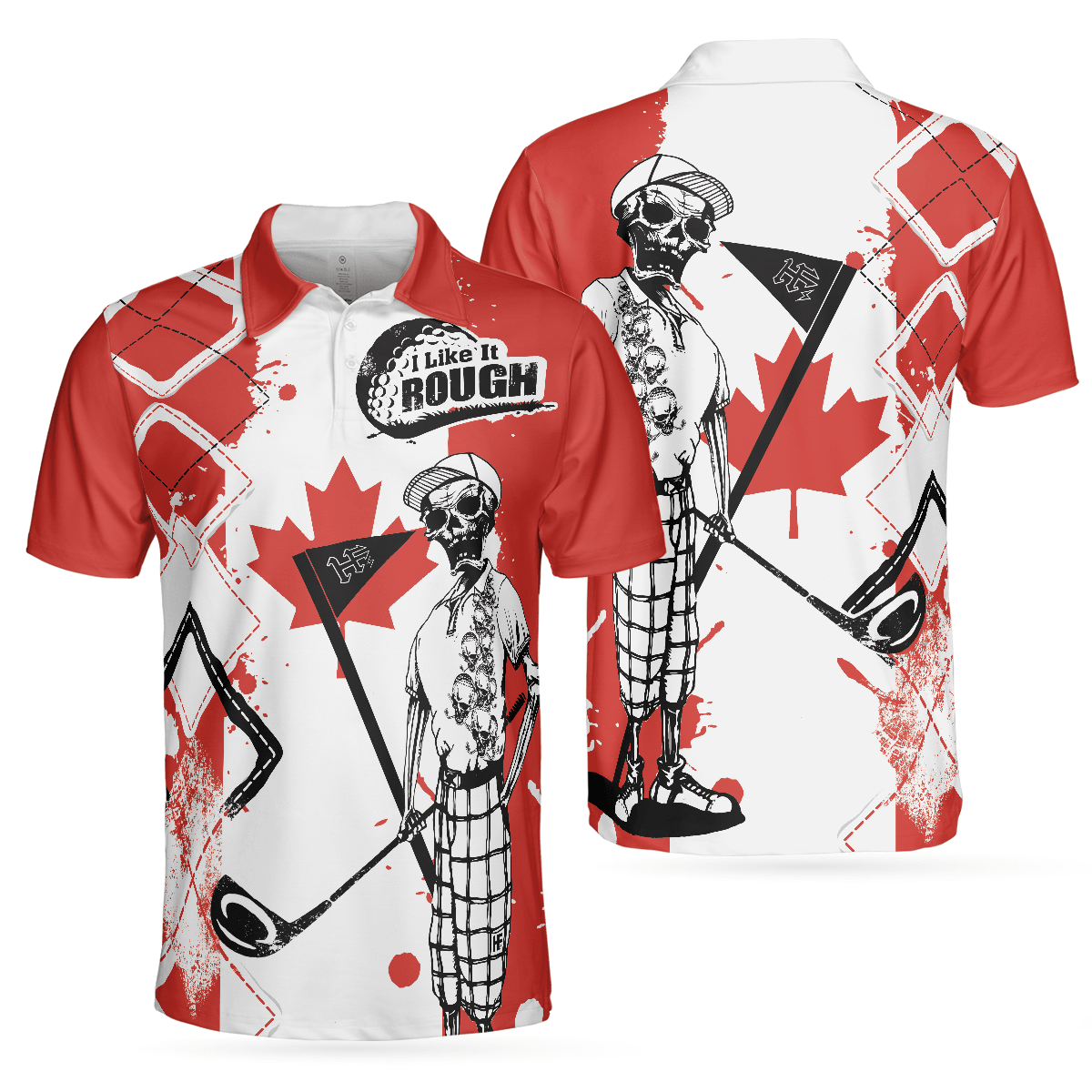 Men Golf Polo Shirt - Golf I Like It Rough Canada Flag Polo Shirt, Argyle Pattern Skeleton Golfing Men Polo Shirt - Perfect Polo Shirt For Men - Amzanimalsgift