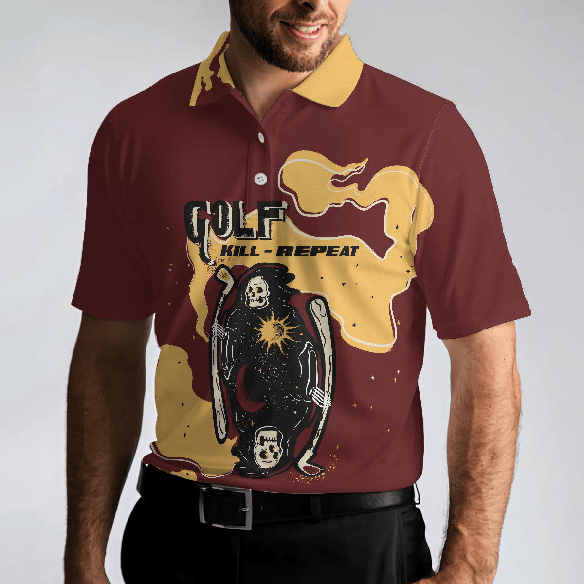 Men Golf Polo Shirt - Golf Kill Repeat Funny Death Skull Polo Shirt, Vintage Men Golf Polo Shirt - Perfect Polo Shirt For Men, Golfers - Amzanimalsgift