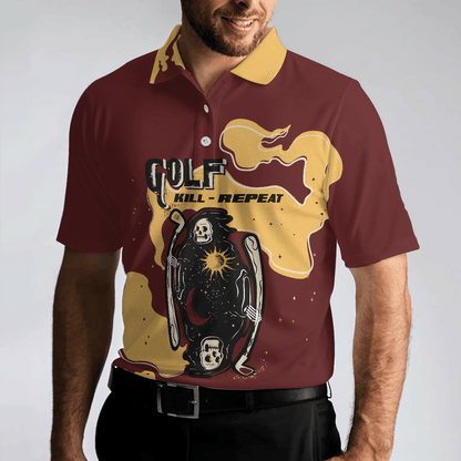 Men Golf Polo Shirt - Golf Kill Repeat Funny Death Skull Polo Shirt, Vintage Men Golf Polo Shirt - Perfect Polo Shirt For Men, Golfers - Amzanimalsgift