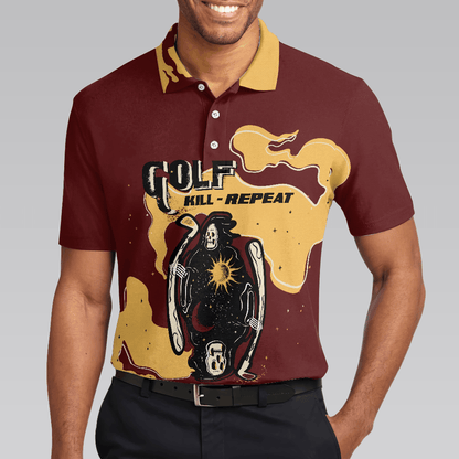 Men Golf Polo Shirt - Golf Kill Repeat Funny Death Skull Polo Shirt, Vintage Men Golf Polo Shirt - Perfect Polo Shirt For Men, Golfers - Amzanimalsgift