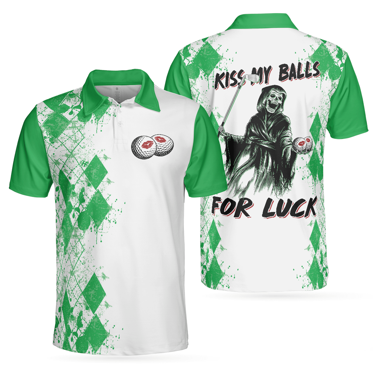 Men Golf Polo Shirt - Golf Kiss My Balls Polo Shirt, Green Argyle Pattern, Scary Halloween Men Golf Polo Shirt - Perfect Polo Shirt For Men, Golfers - Amzanimalsgift