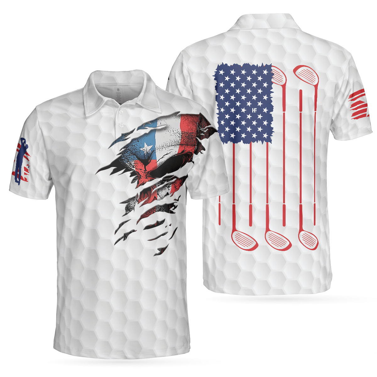 Men Golf Polo Shirt - Golf Skull American Flag Polo Shirt, White Golf Pattern Polo Shirt, Patriotic Golf Shirt For Men, Best Gift For Golfers - Amzanimalsgift