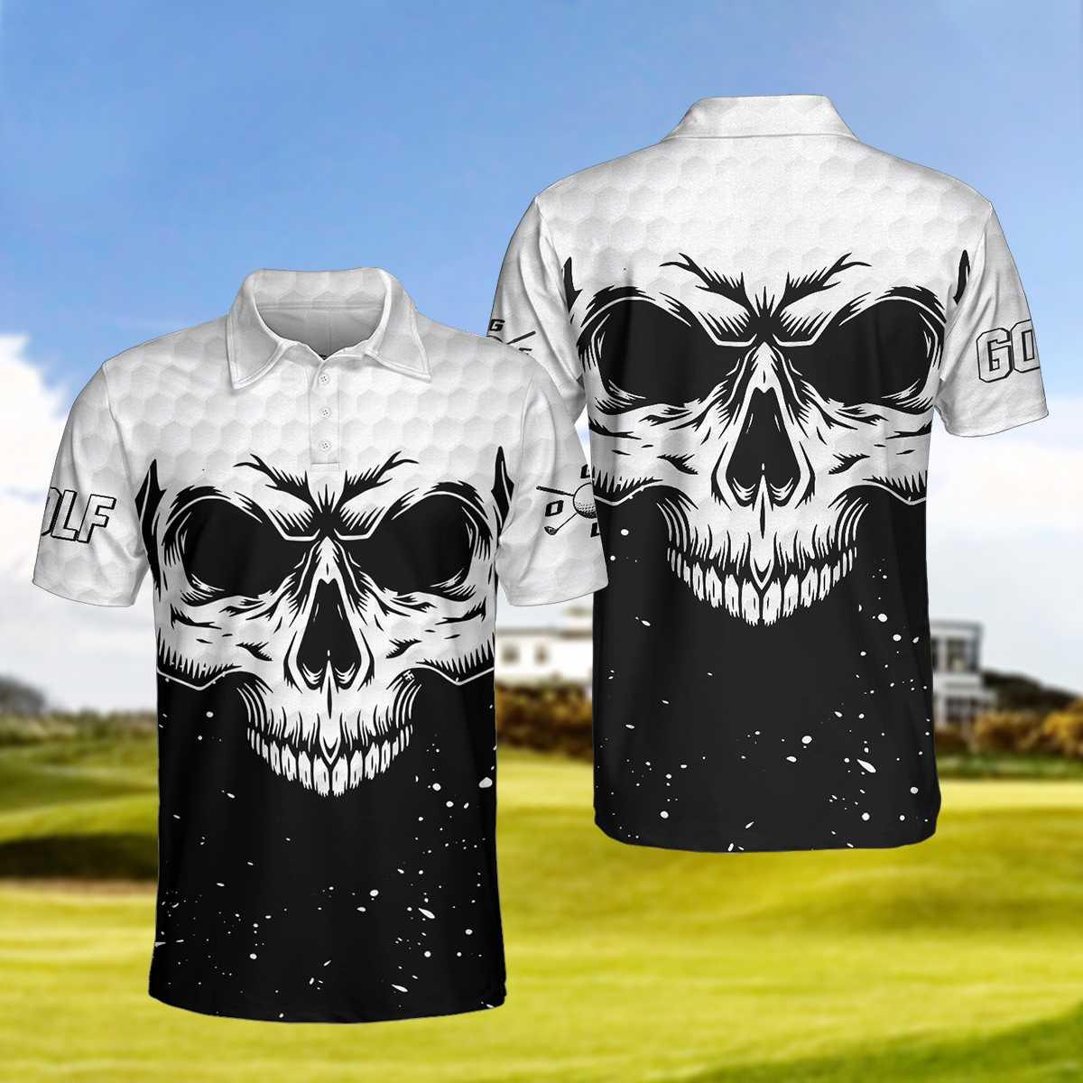 Men Golf Polo Shirt - Golf Skull Pattern Black And White Polo Shirt, Golf Pattern Polo Shirt, Best Golf Shirt For Men, Golfers - Amzanimalsgift