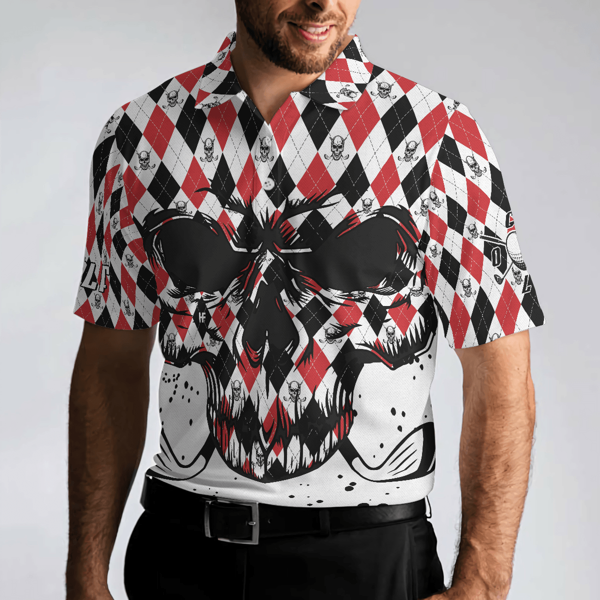 Men Golf Polo Shirt - Golf Skull Red Black And White Pattern Polo Shirt, Argyle Pattern Polo Shirt, Best Golf Shirt For Men, Golfers - Amzanimalsgift