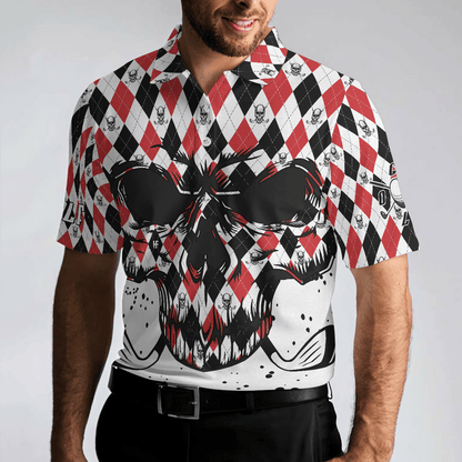 Men Golf Polo Shirt - Golf Skull Red Black And White Pattern Polo Shirt, Argyle Pattern Polo Shirt, Best Golf Shirt For Men, Golfers - Amzanimalsgift