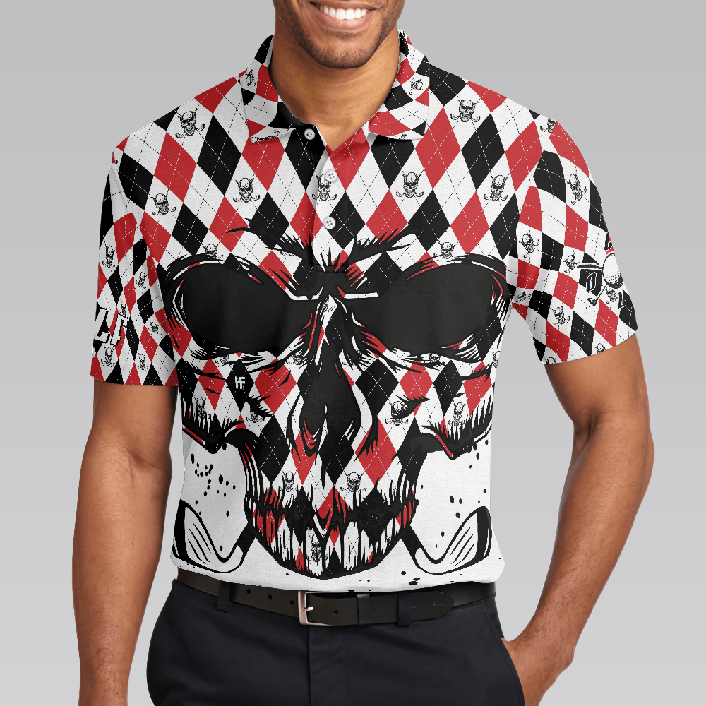 Men Golf Polo Shirt - Golf Skull Red Black And White Pattern Polo Shirt, Argyle Pattern Polo Shirt, Best Golf Shirt For Men, Golfers - Amzanimalsgift