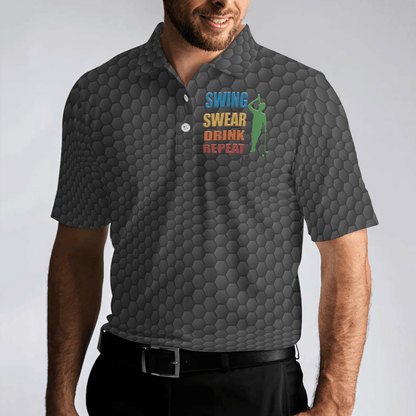 Men Golf Polo Shirt - Golf Swing Swear Drink Repeat, Black Golf Ball Pattern, Funny Golf Shirt With Sayings Shirt For Men, Best Gift For Golfers - Amzanimalsgift