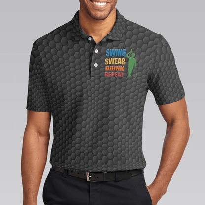 Men Golf Polo Shirt - Golf Swing Swear Drink Repeat, Black Golf Ball Pattern, Funny Golf Shirt With Sayings Shirt For Men, Best Gift For Golfers - Amzanimalsgift