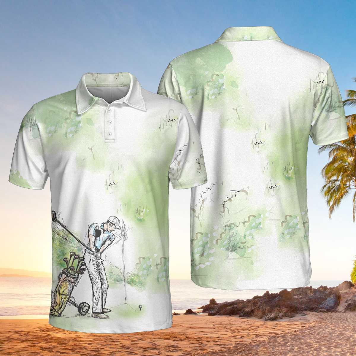 Men Golf Polo Shirt - Golfer Painting Men Polo Shirt, Green Tree Pattern Golfer Sketching Polo Shirt, Best Golf Shirt For Men, Golfers - Amzanimalsgift