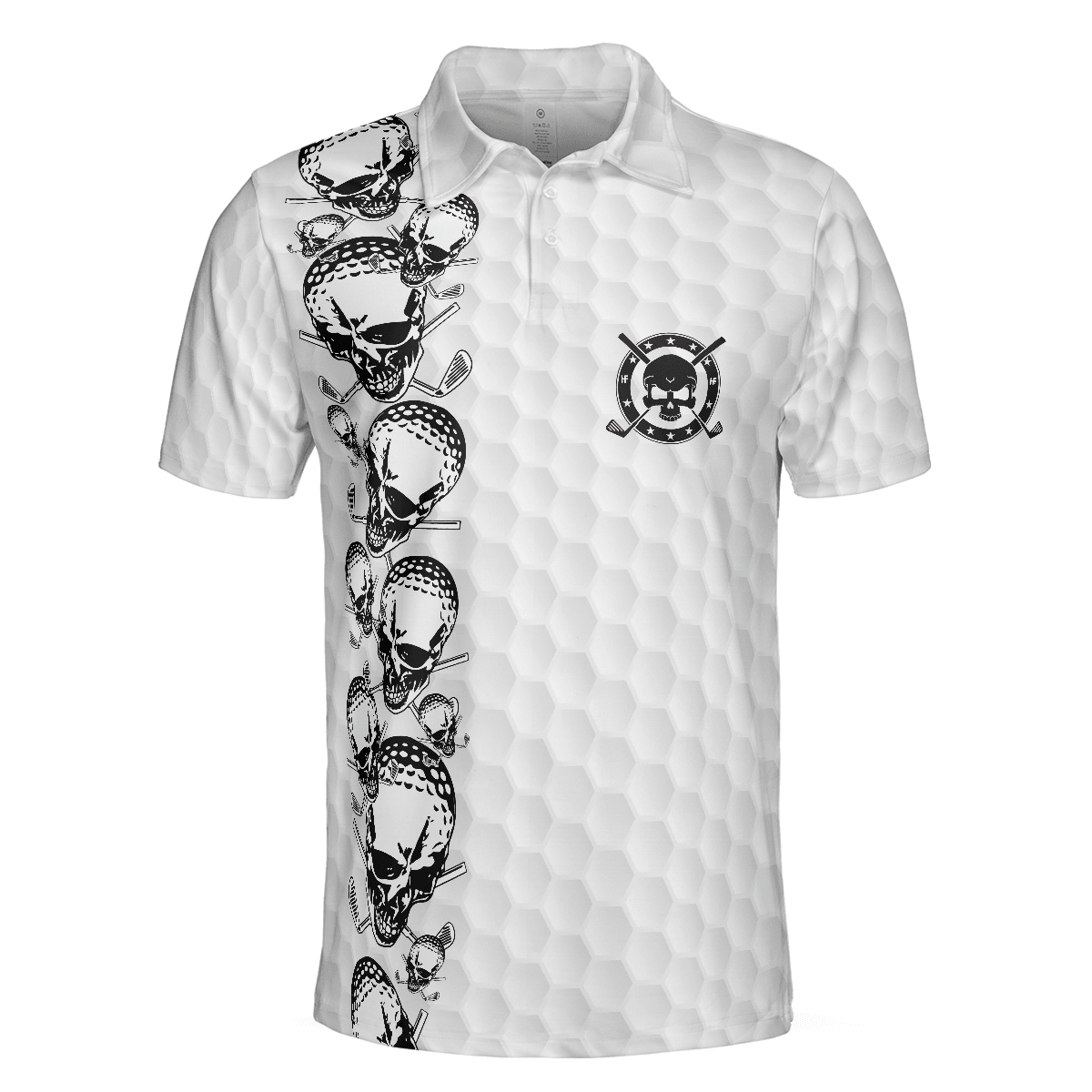 Men Golf Polo Shirt - Golfing Skull Golf Ball And Clubs, Golf Pattern Polo Shirt, Black And White Men Golf Polo Shirt - Perfect Polo Shirt For Men, Golfers - Amzanimalsgift