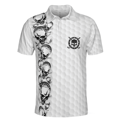 Men Golf Polo Shirt - Golfing Skull Golf Ball And Clubs, Golf Pattern Polo Shirt, Black And White Men Golf Polo Shirt - Perfect Polo Shirt For Men, Golfers - Amzanimalsgift