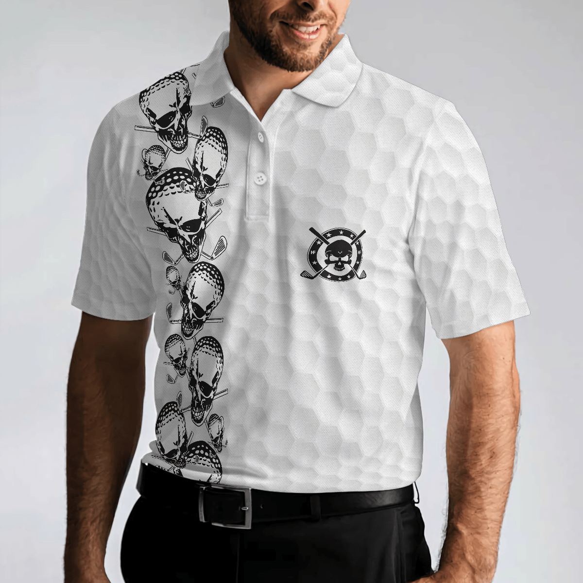 Men Golf Polo Shirt - Golfing Skull Golf Ball And Clubs, Golf Pattern Polo Shirt, Black And White Men Golf Polo Shirt - Perfect Polo Shirt For Men, Golfers - Amzanimalsgift