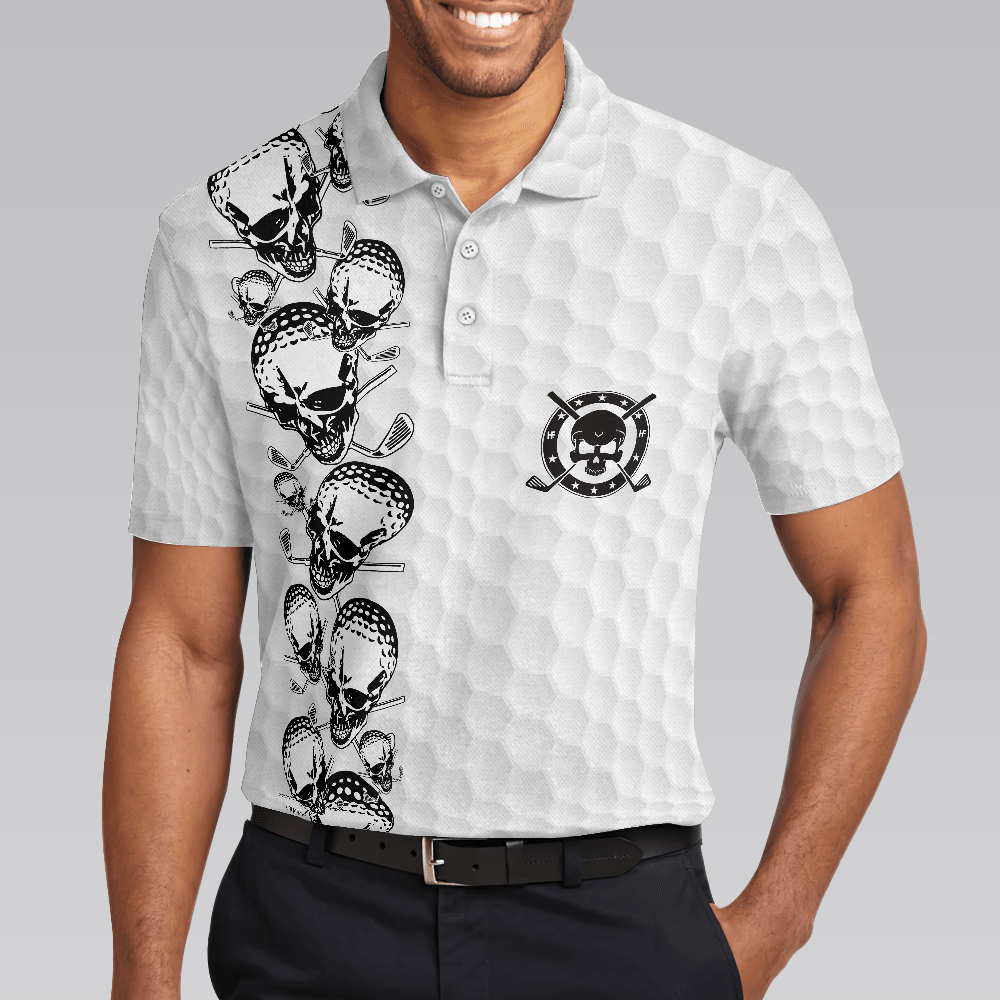 Men Golf Polo Shirt - Golfing Skull Golf Ball And Clubs, Golf Pattern Polo Shirt, Black And White Men Golf Polo Shirt - Perfect Polo Shirt For Men, Golfers - Amzanimalsgift