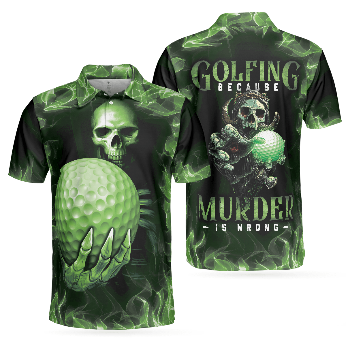 Men Golf Polo Shirt - Green Skull Golf Shirt Design, Scary Men Golf Polo Shirt - Perfect Polo Shirt For Men, Golfers - Amzanimalsgift