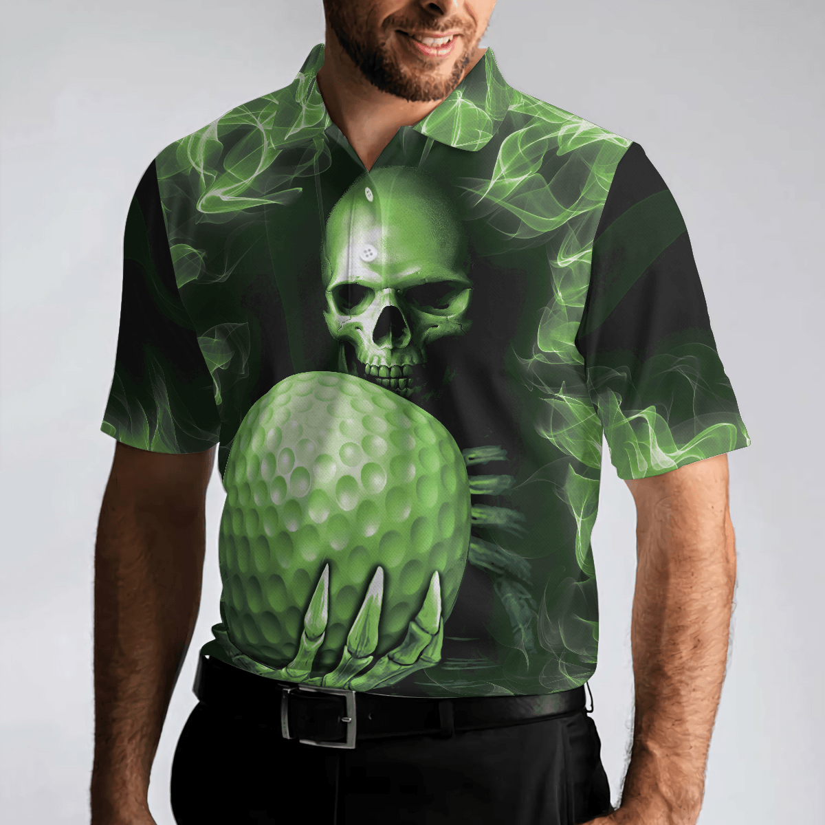 Men Golf Polo Shirt - Green Skull Golf Shirt Design, Scary Men Golf Polo Shirt - Perfect Polo Shirt For Men, Golfers - Amzanimalsgift