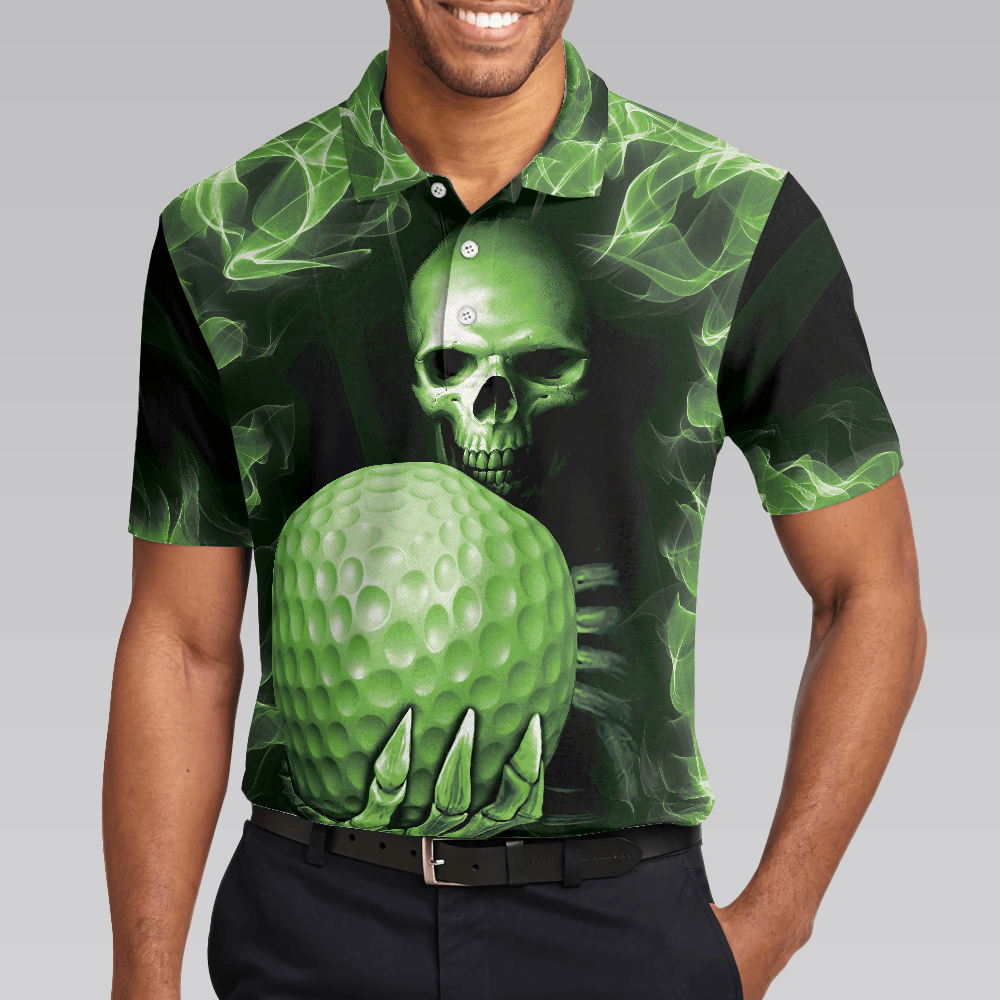 Men Golf Polo Shirt - Green Skull Golf Shirt Design, Scary Men Golf Polo Shirt - Perfect Polo Shirt For Men, Golfers - Amzanimalsgift