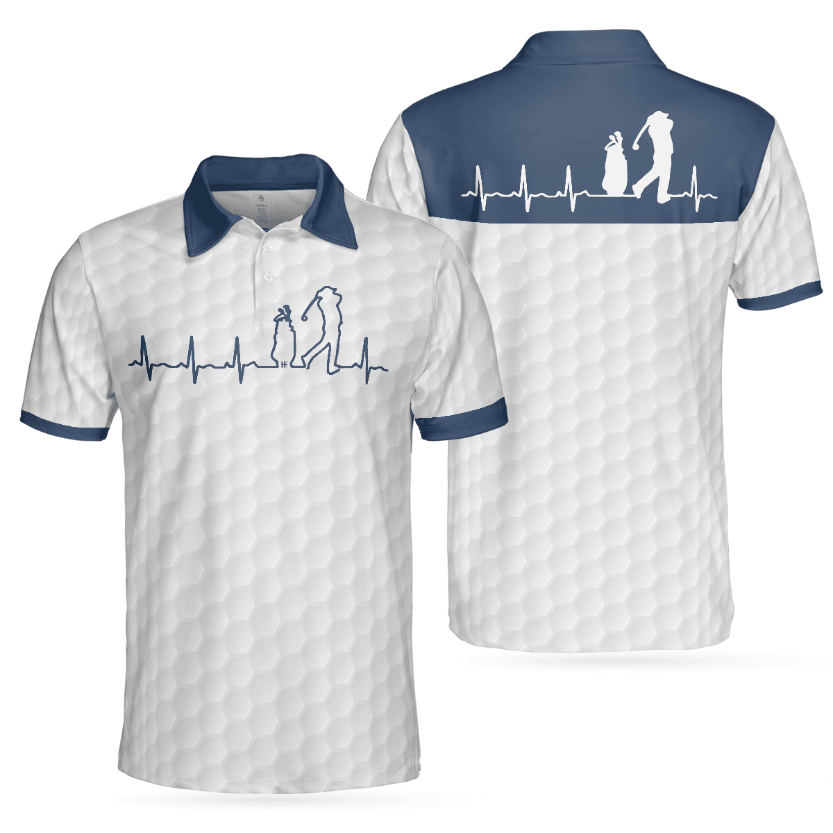 Men Golf Polo Shirt - Heartbeat Golfer White And Navy Golf Men Polo Shirt, White Golf Ball Pattern Polo Shirt For Men, Best Gift For Golfers - Amzanimalsgift