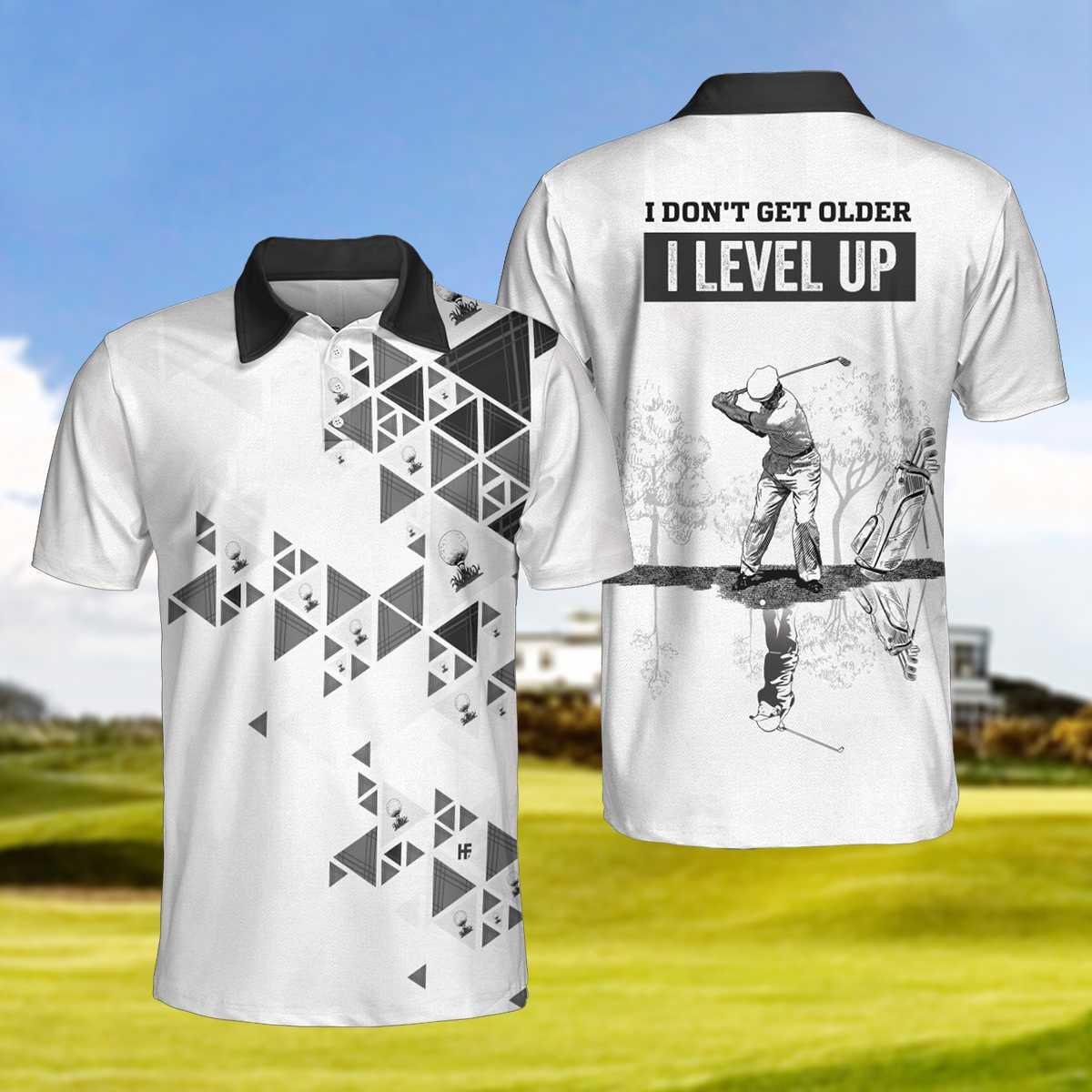 Men Golf Polo Shirt - I Don't Get Older I Level Up Golf Polo Shirt, Black And White Geometric Golf Shirt For Men - Perfect Polo Shirt For Men, Golfers - Amzanimalsgift