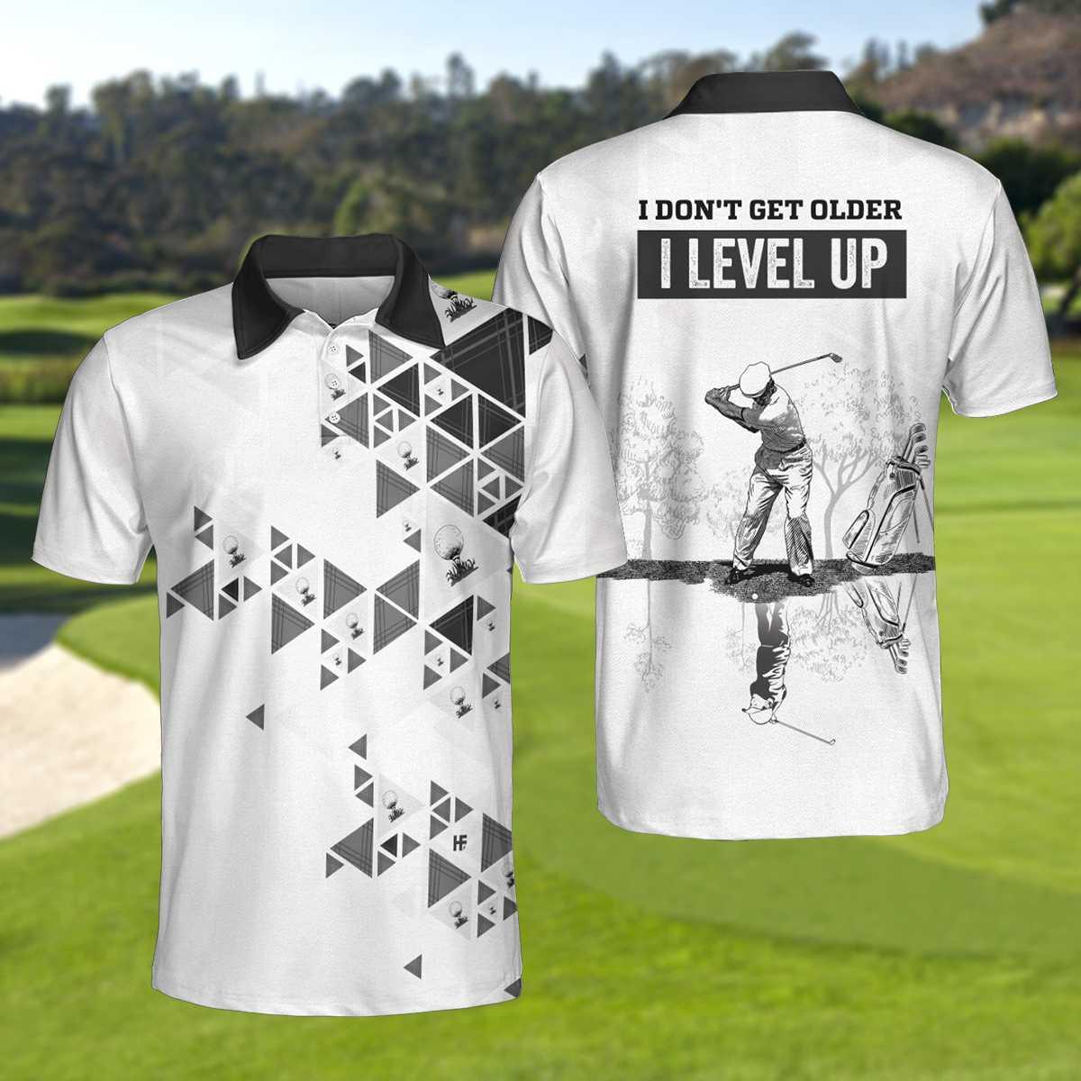 Men Golf Polo Shirt - I Don't Get Older I Level Up Golf Polo Shirt, Black And White Geometric Golf Shirt For Men - Perfect Polo Shirt For Men, Golfers - Amzanimalsgift