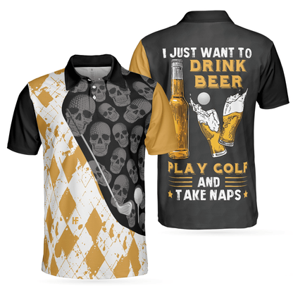 Men Golf Polo Shirt - I Just Want To Drink Beer Play Golf And Take Naps Polo Shirt, Yellow Argyle Pattern Golfing Shirt For Men - Amzanimalsgift