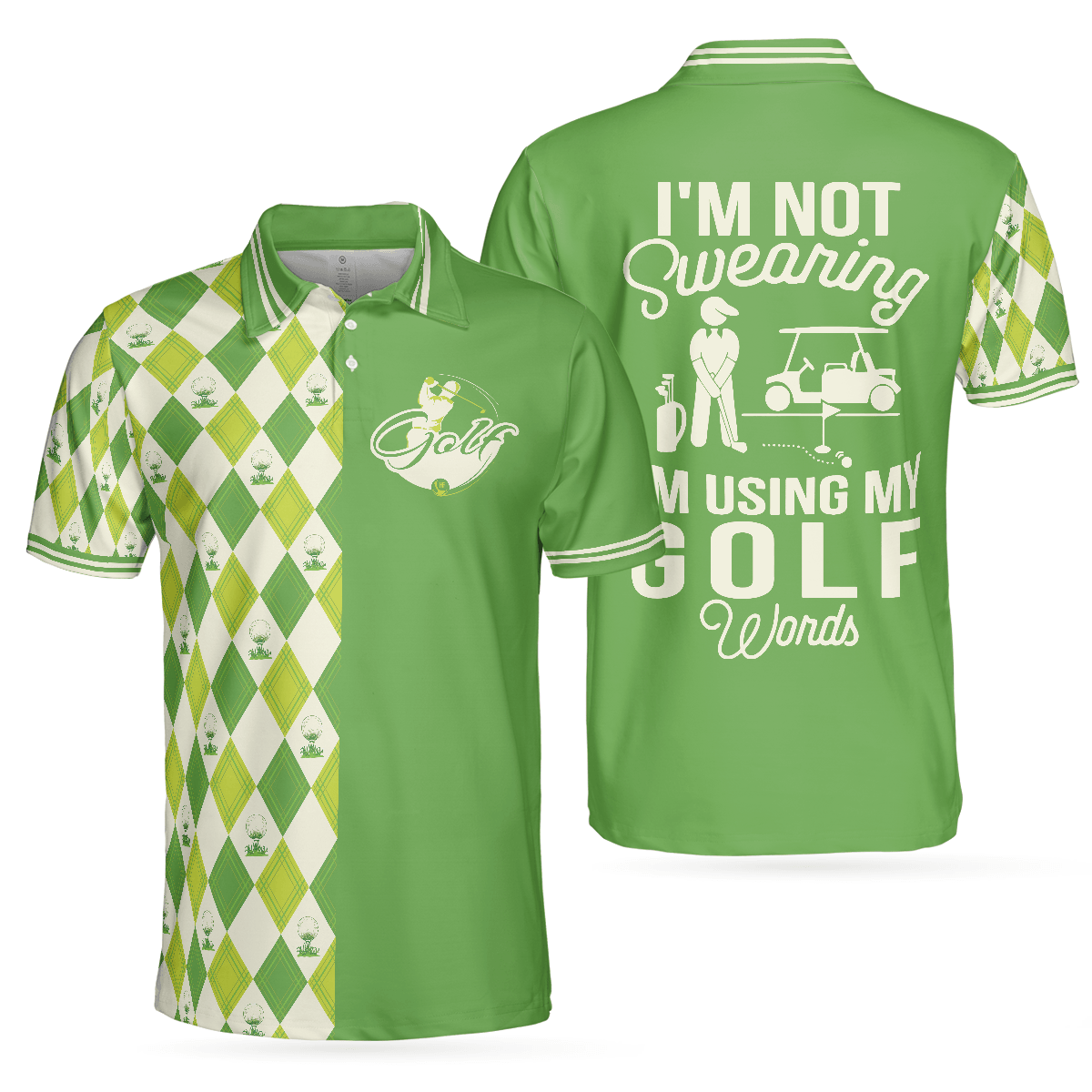 Men Golf Polo Shirt - I'm Not Swearing I'm Using My Golf Words Polo Shirt, Green Argyle Pattern Golf Shirt For Men, Golfers - Amzanimalsgift