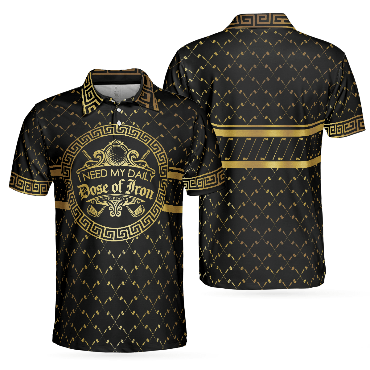 Men Golf Polo Shirt - I Need My Daily Dose Of Iron Black & Gold Polo Shirt, Luxury Golden Greek Golf Shirt - Perfect Gift For Men, Golfers - Amzanimalsgift