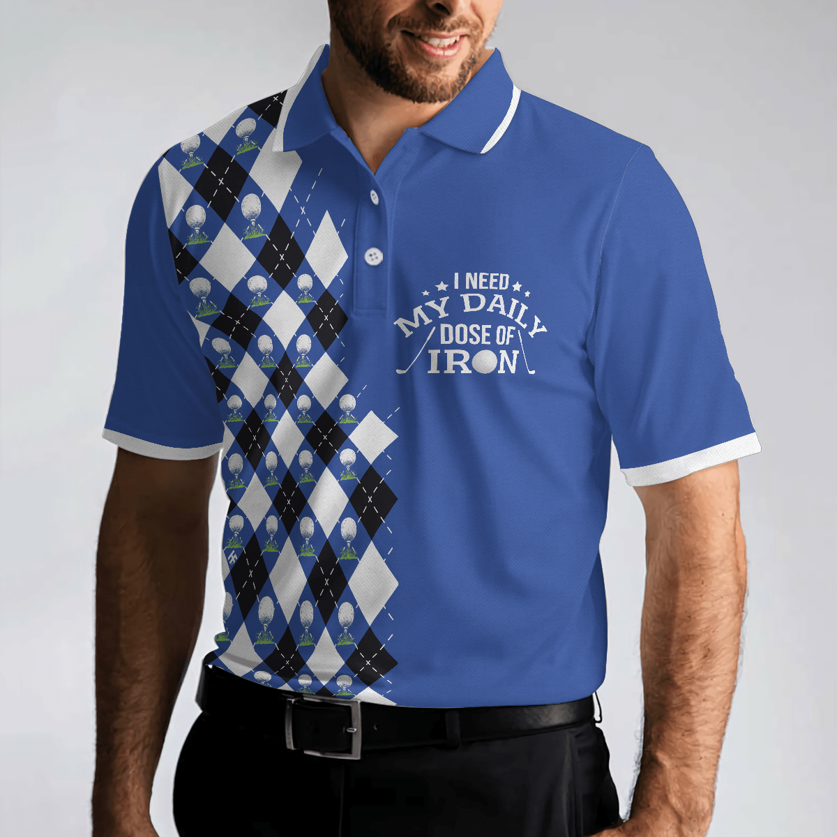 Men Golf Polo Shirt - I Need My Daily Dose Of Iron Polo Shirt, Argyle Pattern Polo Shirt, Best Golf Shirt For Men, Golfers - Amzanimalsgift