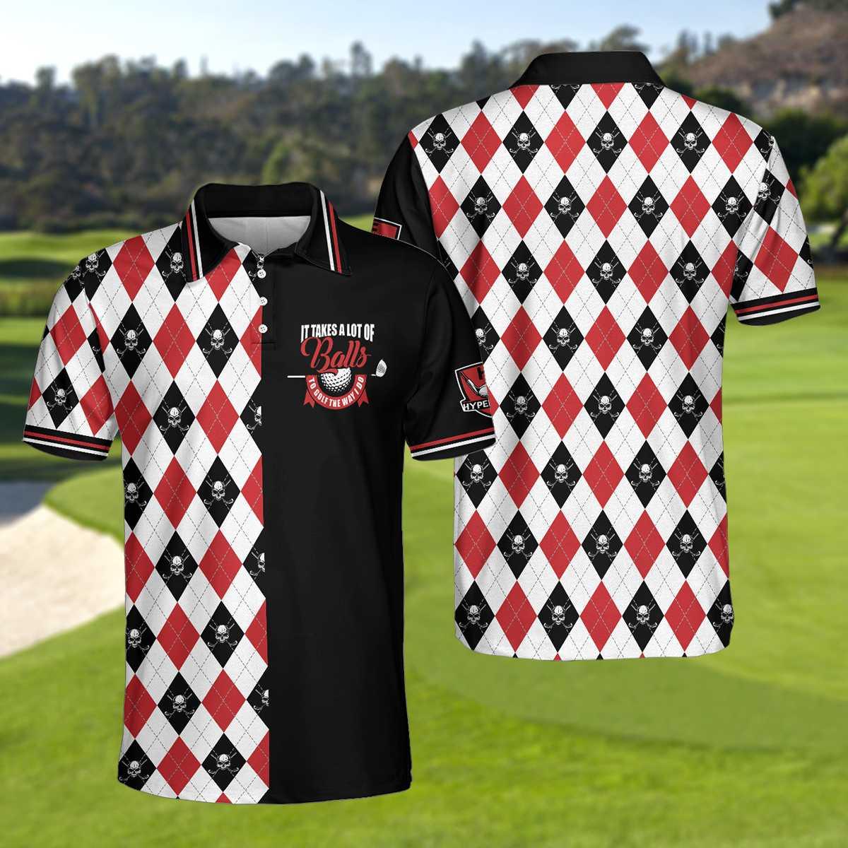 Men Golf Polo Shirt - It Takes A Lot Of Balls Red Black And White Pattern Men Polo Shirt, Argyle Pattern Skull Golf Shirt For Men, Golf Lover - Amzanimalsgift