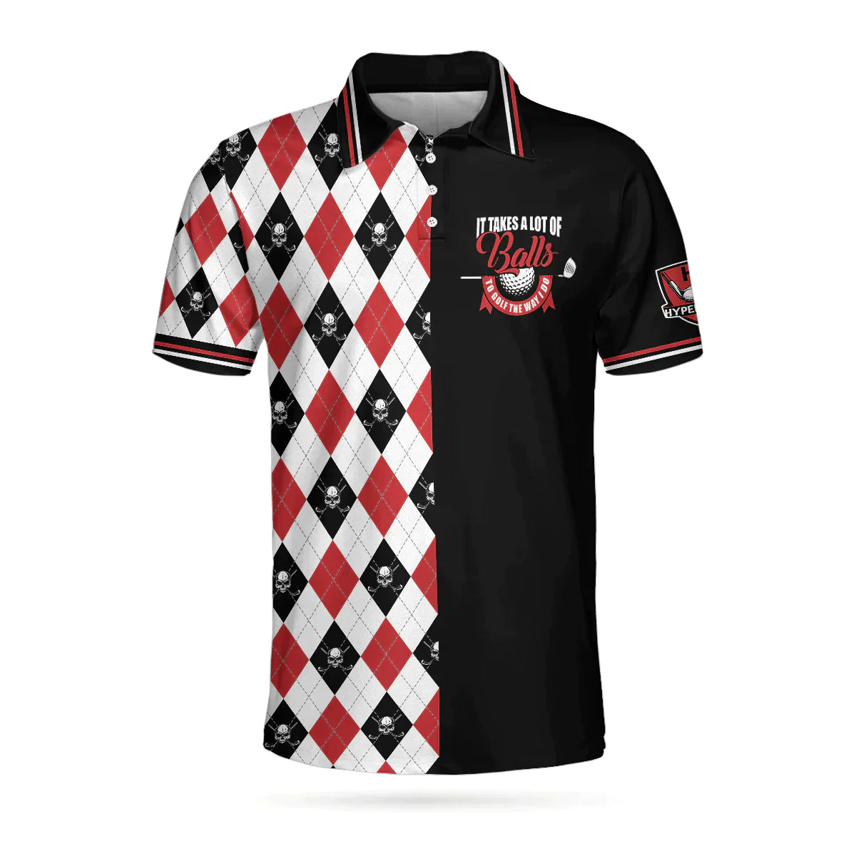 Men Golf Polo Shirt - It Takes A Lot Of Balls Red Black And White Pattern Men Polo Shirt, Argyle Pattern Skull Golf Shirt For Men, Golf Lover - Amzanimalsgift