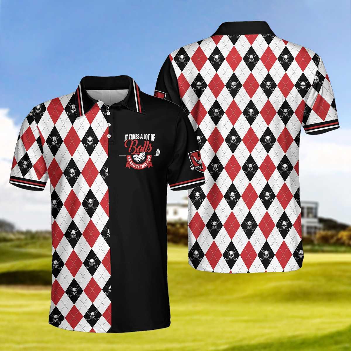 Men Golf Polo Shirt - It Takes A Lot Of Balls Red Black And White Pattern Men Polo Shirt, Argyle Pattern Skull Golf Shirt For Men, Golf Lover - Amzanimalsgift