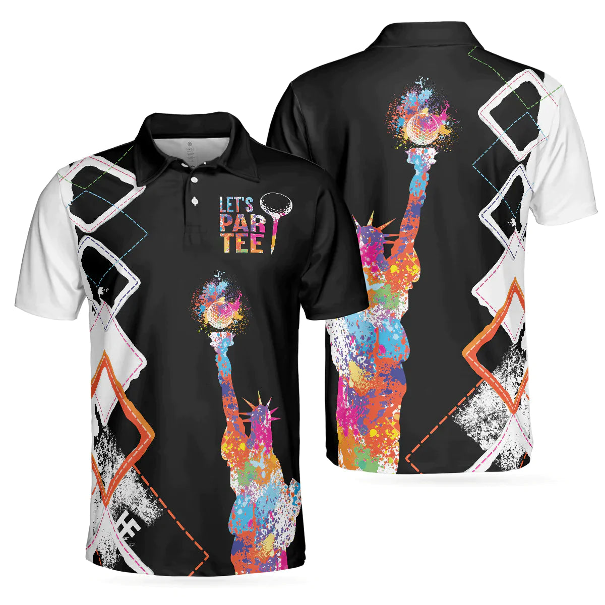 Men Golf Polo Shirt, Let's Par Tee Golfer Polo Shirt, Black And White Argyle Pattern Golf, Colorful Lady Liberty Patriotic Shirt For Men, Golfers - Amzanimalsgift