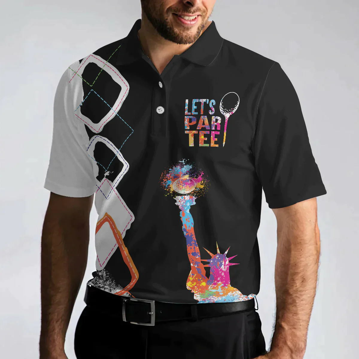 Men Golf Polo Shirt, Let's Par Tee Golfer Polo Shirt, Black And White Argyle Pattern Golf, Colorful Lady Liberty Patriotic Shirt For Men, Golfers - Amzanimalsgift