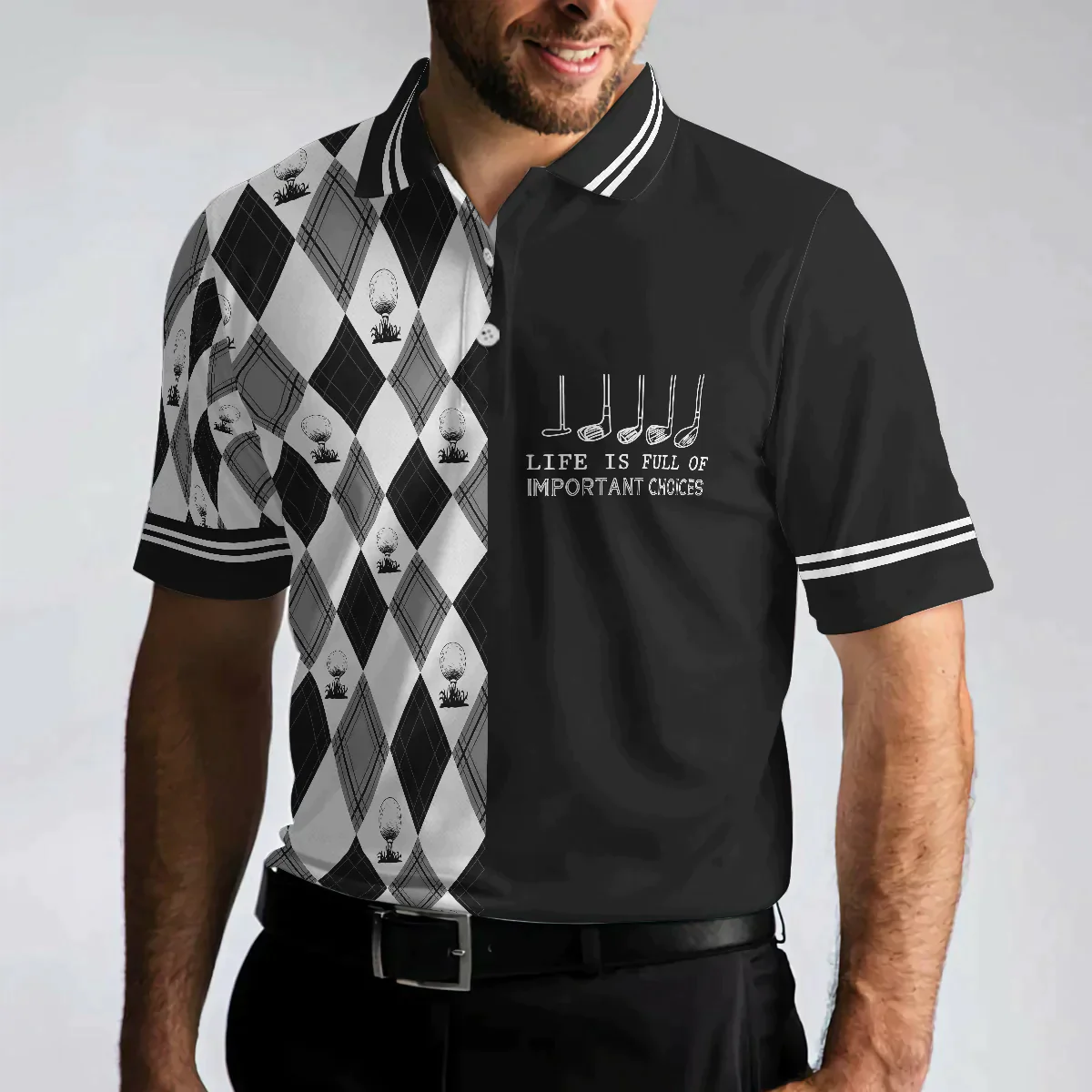Men Golf Polo Shirt - Life Is Full Of Important Choices Golf Polo Shirt, Black And White Golf Pattern Men Golf Polo Shirt - Perfect Polo Shirt For Men - Amzanimalsgift