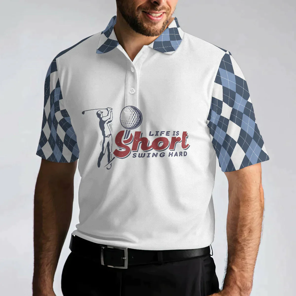 Men Golf Polo Shirt - Life Is Short Swing Hard Polo Shirt, Argyle Pattern Polo Shirt, Best Golf Shirt For Men, Golf Lover - Amzanimalsgift