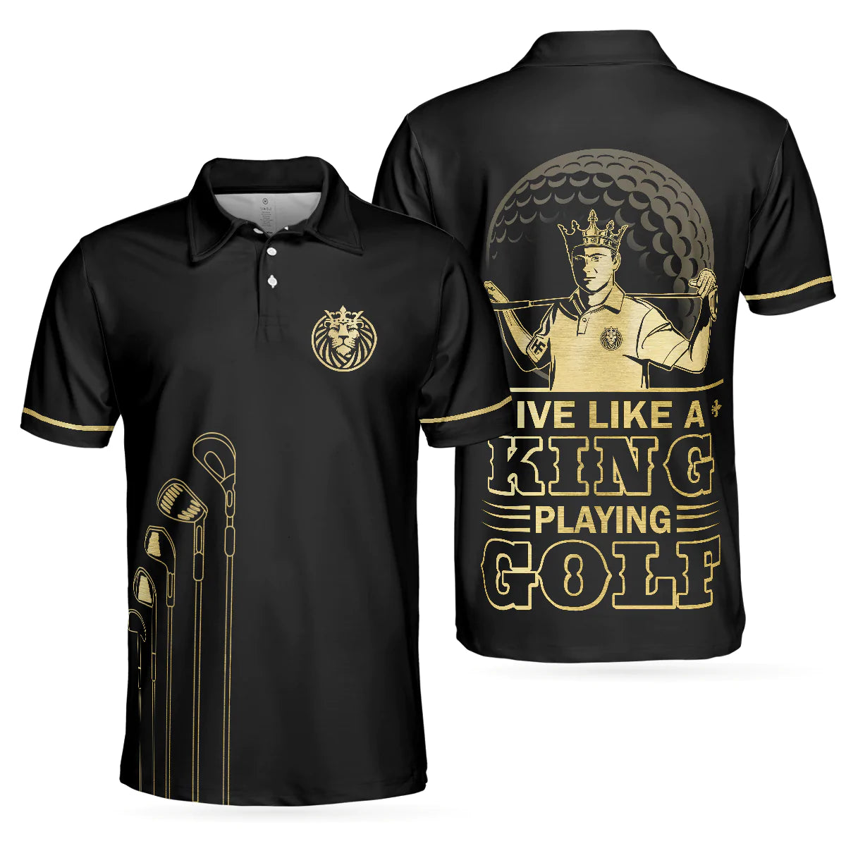 Men Golf Polo Shirt - Live Like A King Playing Golf Black And Gold Polo Shirt, Luxury Golfer Polo Shirt, Best Golf Shirt For Men, Golf Lover - Amzanimalsgift