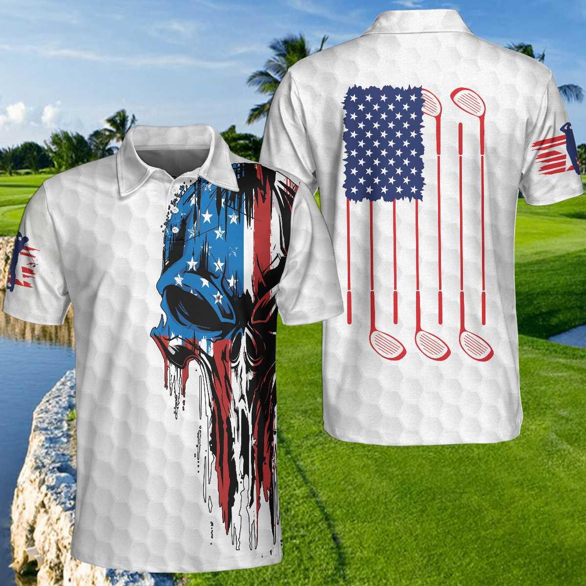 Men Golf Polo Shirt - Patriot White Golf Pattern Wet Paint Skull Men Polo Shirt, Golf American Flag Polo Shirt, Patriotic Golf Shirt For Men, Best Gift For Golfers - Amzanimalsgift