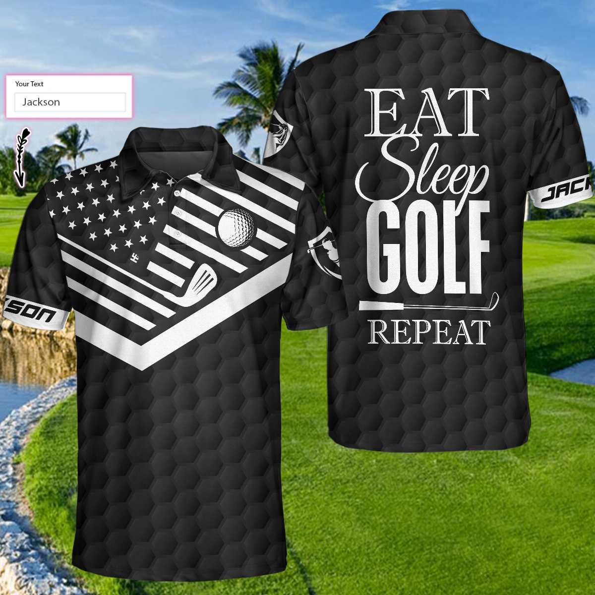 Men Golf Polo Shirt - Personalized Black American Flag Golf Men Polo Shirt, Eat Sleep Golf Repeat Custom Shirt For Men, Gift For Golfers - Amzanimalsgift