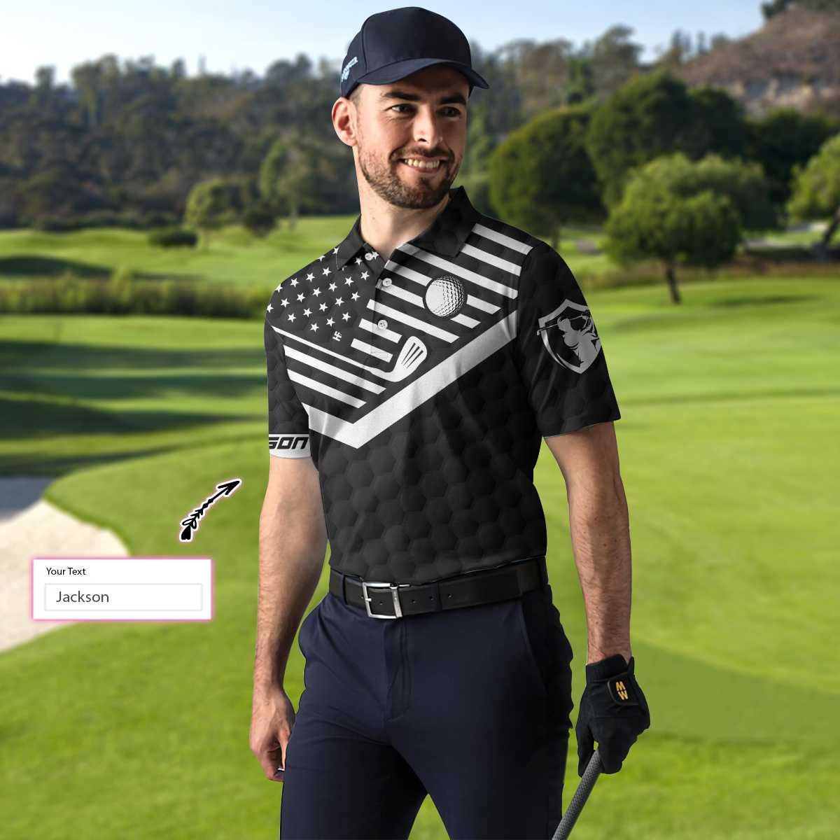 Men Golf Polo Shirt - Personalized Black American Flag Golf Men Polo Shirt, Eat Sleep Golf Repeat Custom Shirt For Men, Gift For Golfers - Amzanimalsgift