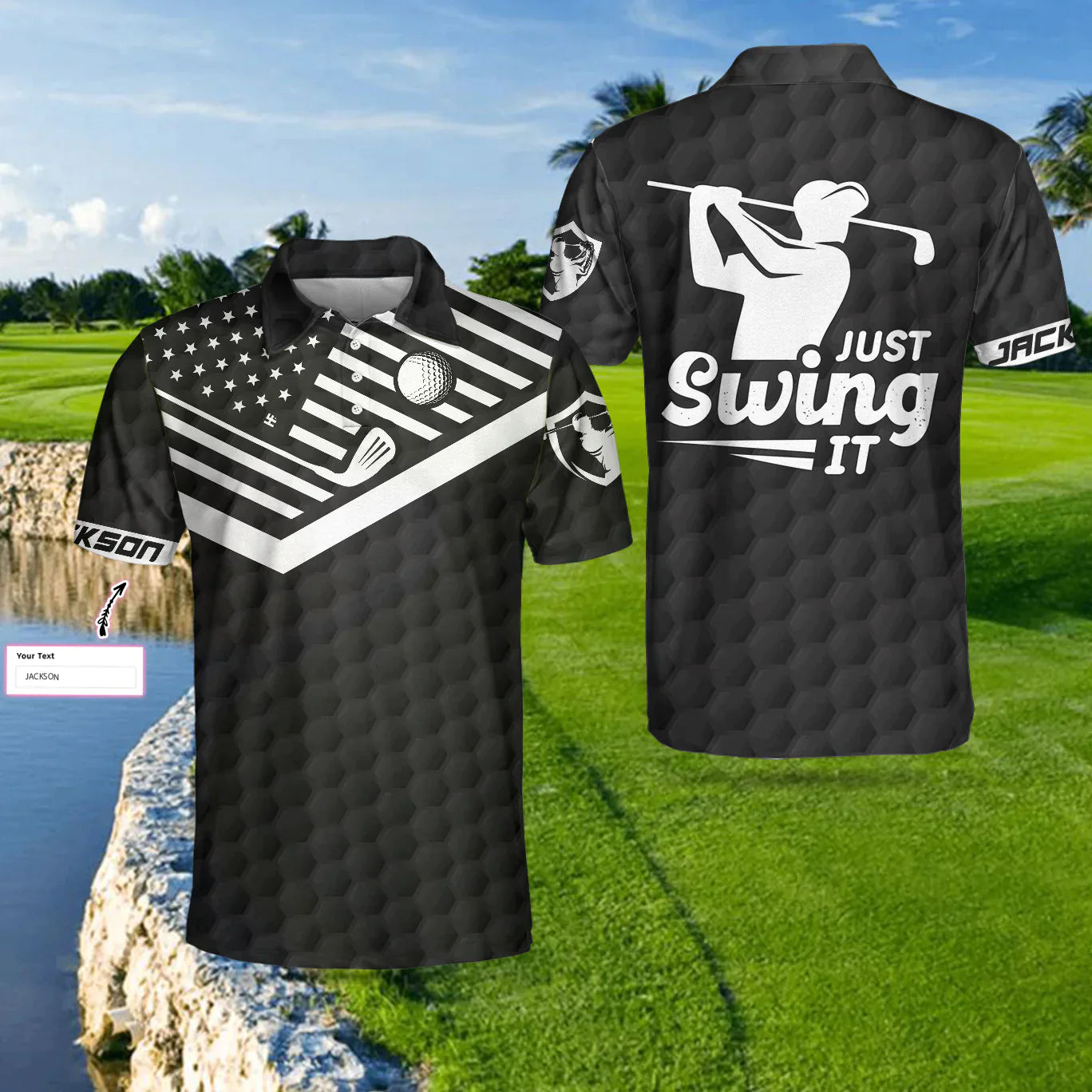 Men Golf Polo Shirt - Personalized Black American Flag Golf Men Polo Shirt, Just Swing It Golf Custom Shirt For Male, Golf Lover - Amzanimalsgift