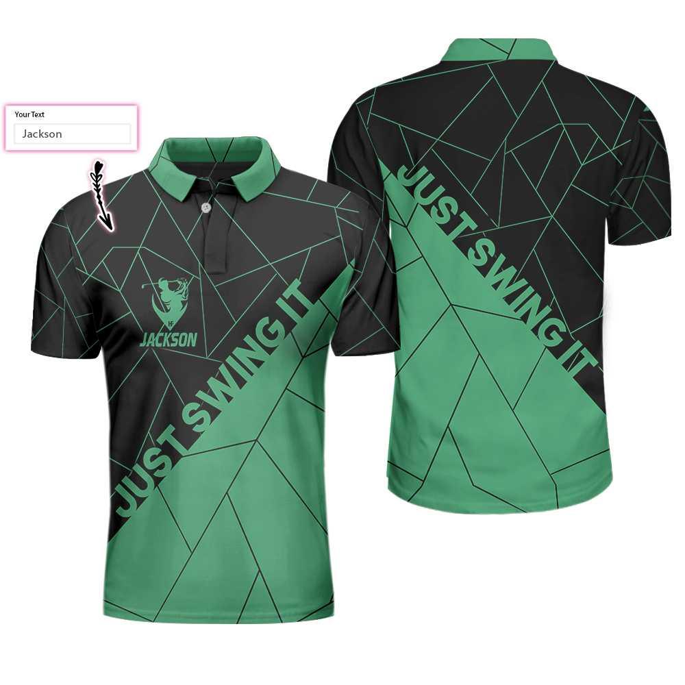 Men Golf Polo Shirt - Personalized Black And Cyan Golf Men Polo Shirt, Just Swing It Abstract Geometric Line Pattern Custom Shirt For Male - Amzanimalsgift