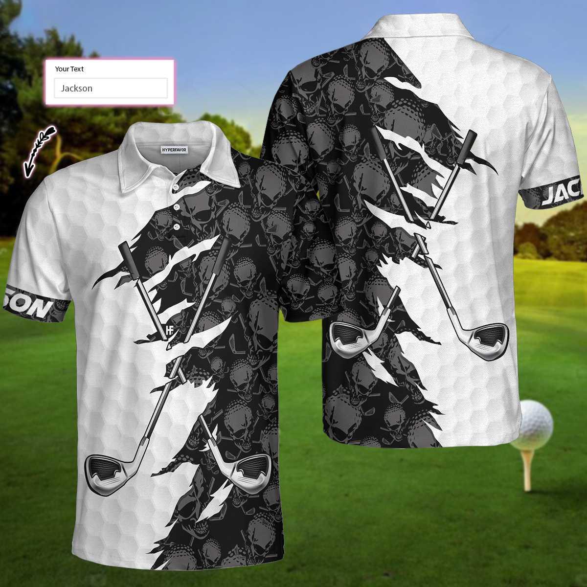 Men Golf Polo Shirt - Personalized Black And White Skull Pattern Golf Polo Shirt, Golf Ripped Skull Golf Balls Pattern Custom Polo Shirt For Men - Amzanimalsgift