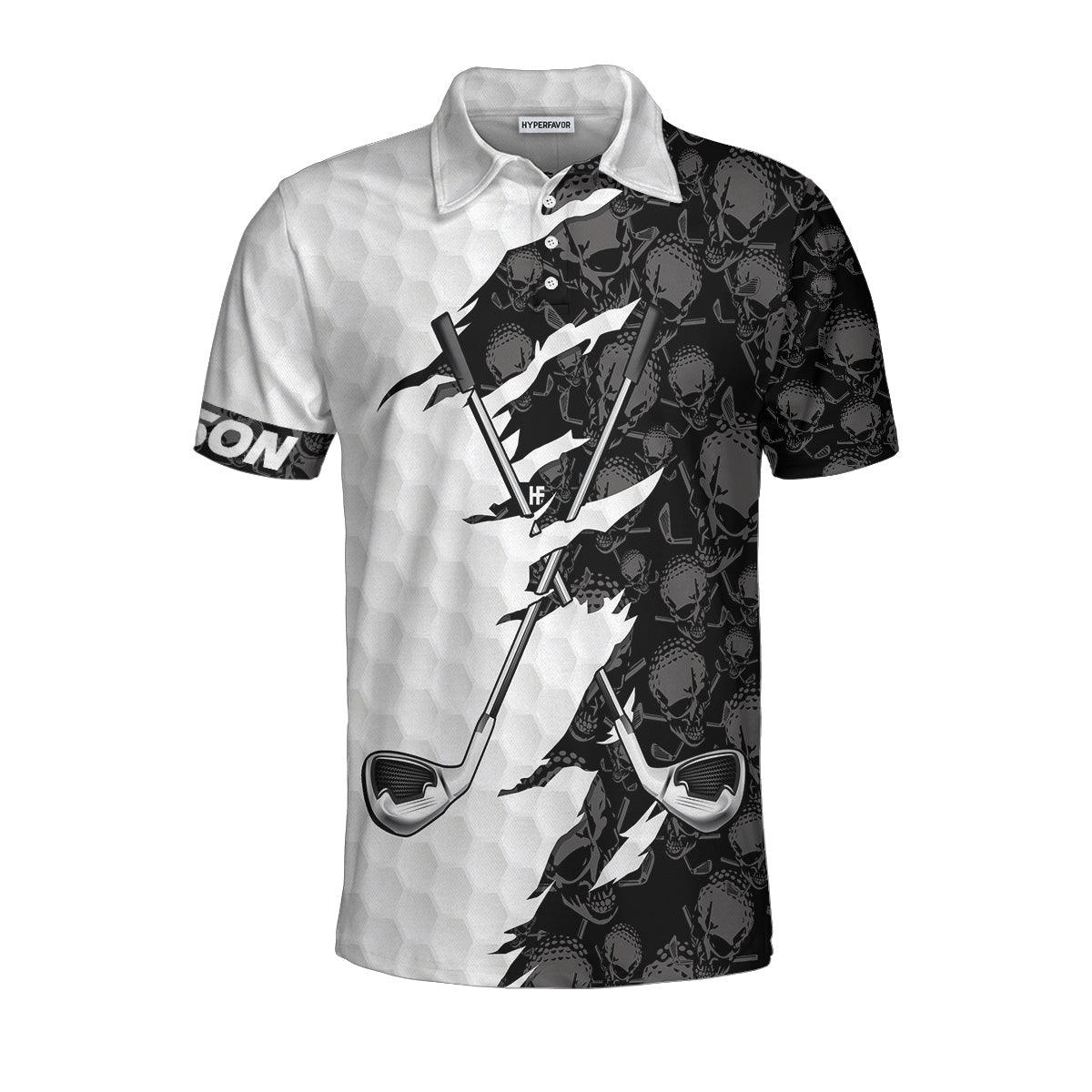 Men Golf Polo Shirt - Personalized Black And White Skull Pattern Golf Polo Shirt, Golf Ripped Skull Golf Balls Pattern Custom Polo Shirt For Men - Amzanimalsgift