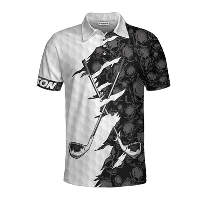 Men Golf Polo Shirt - Personalized Black And White Skull Pattern Golf Polo Shirt, Golf Ripped Skull Golf Balls Pattern Custom Polo Shirt For Men - Amzanimalsgift