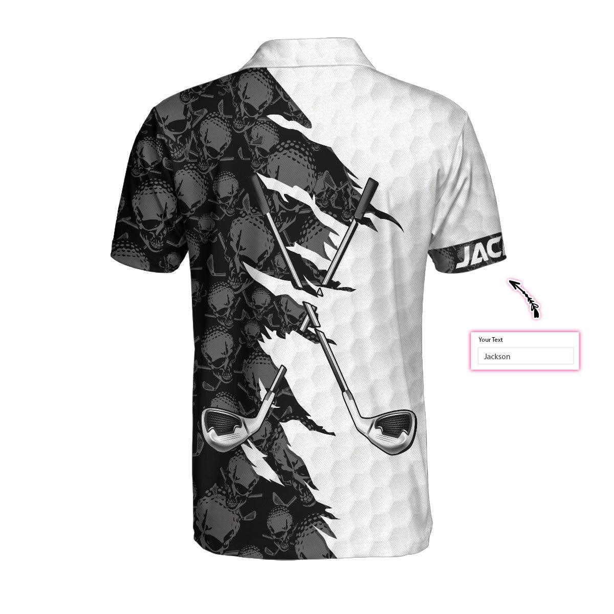 Men Golf Polo Shirt - Personalized Black And White Skull Pattern Golf Polo Shirt, Golf Ripped Skull Golf Balls Pattern Custom Polo Shirt For Men - Amzanimalsgift