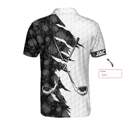 Men Golf Polo Shirt - Personalized Black And White Skull Pattern Golf Polo Shirt, Golf Ripped Skull Golf Balls Pattern Custom Polo Shirt For Men - Amzanimalsgift