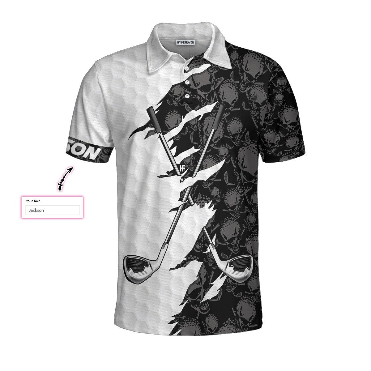 Men Golf Polo Shirt - Personalized Black And White Skull Pattern Golf Polo Shirt, Golf Ripped Skull Golf Balls Pattern Custom Polo Shirt For Men - Amzanimalsgift