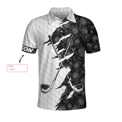 Men Golf Polo Shirt - Personalized Black And White Skull Pattern Golf Polo Shirt, Golf Ripped Skull Golf Balls Pattern Custom Polo Shirt For Men - Amzanimalsgift